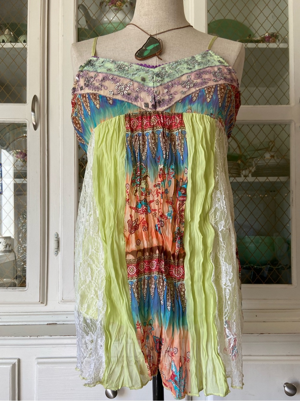 🧚 VTG Y2K Fairycore Whimsy Boho Patchwork Cami Tank Colourful Festival Lace